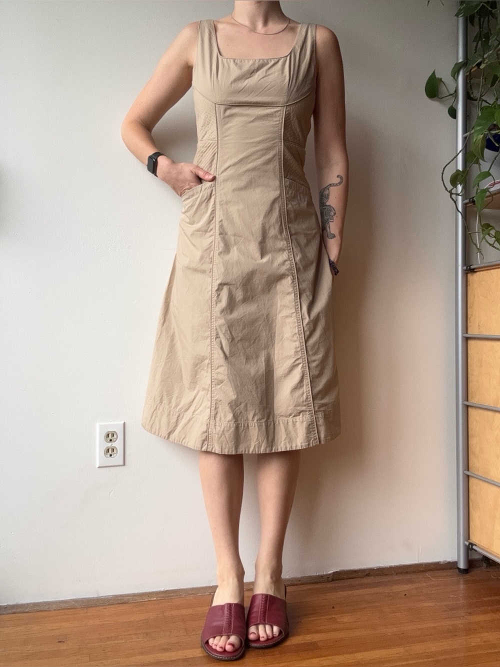 Banana Republic Tan Sleeveless Square-Neck Cotton Midi Dress
